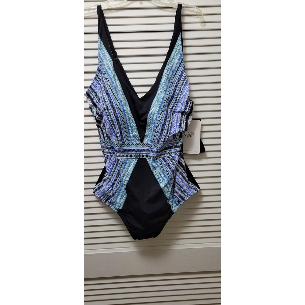 Swimsuit 2X 20W-22W Geometric Blue Embrace Your Curves Miracle Brands Georgia